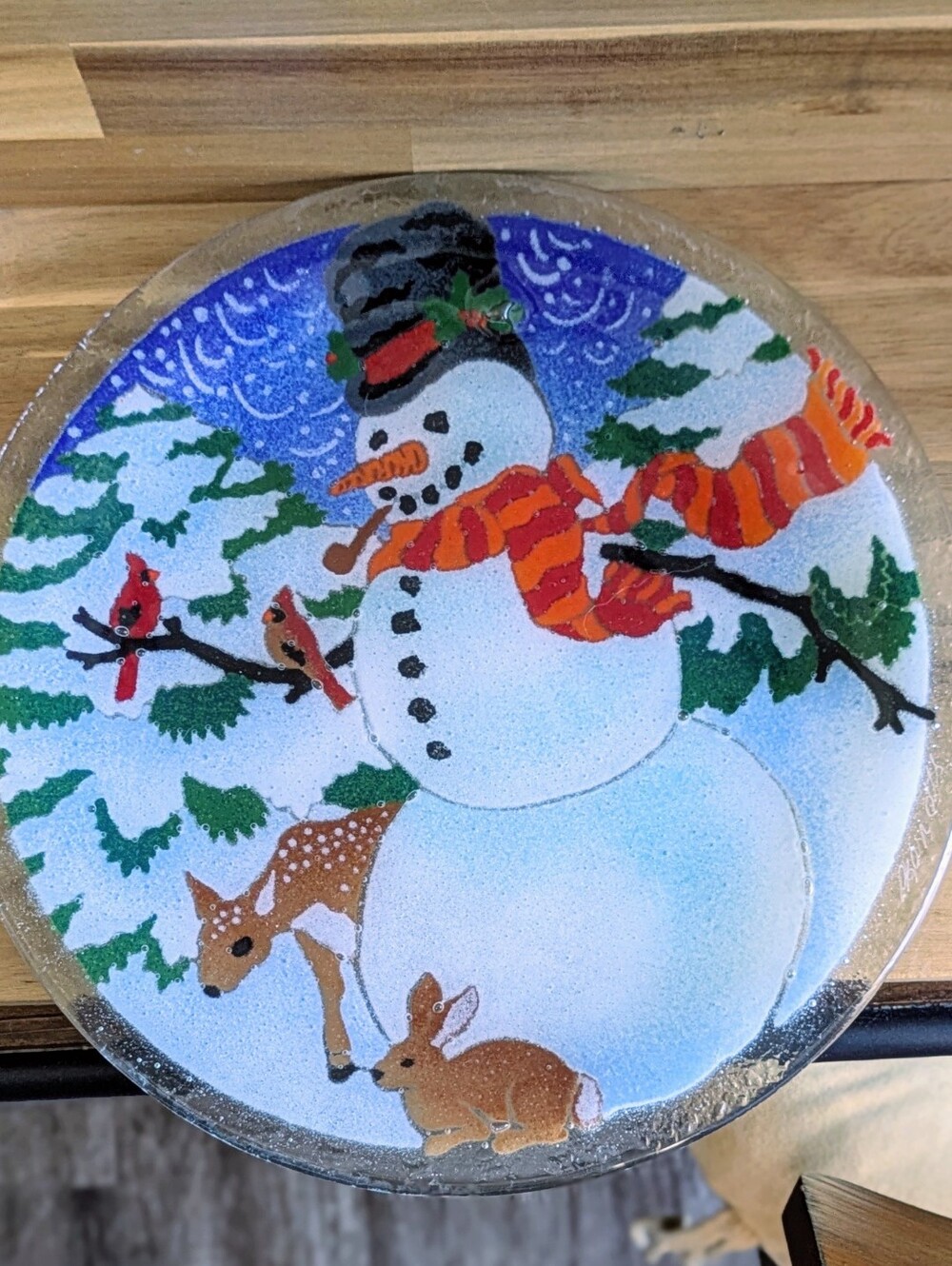 Peggy Karr Fused Glass Snowman Plate 11 Inches Round-SIGNED-VINTAGE